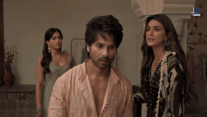 Shahid Kapoor fee in Cocktail 2 - Shahid Kapoor in a dramatic scene with Kriti Sanon and Rashmika Mandanna from the Bollywood film