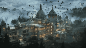 Aerial view of the eerie fog-shrouded haveli from Haunted 3D Echoes of the Past releasing in India on June 12 2026 with crows circling overhead