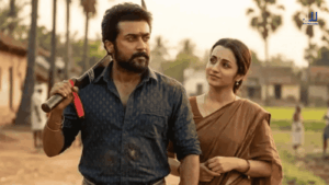 Suriya and Trisha Krishnan in a scene from Karuppu Tamil movie 2026 — now streaming online on Amazon Prime Video