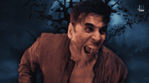 Akshay Kumar screaming in fear in a dark forest scene from Bhooth Bangla, now streaming online on Netflix