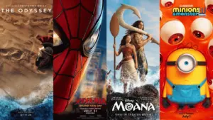 Film posters of the odyssey, Spider Man The Brand New Day, Moana Live Action, and minions and monsters