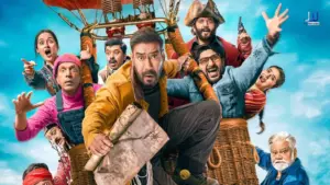 Dhamaal 4 poster featuring Ajay Devgn and the full cast on the treasure island