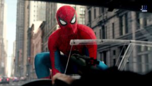 Tom Holland as Spider-Man swinging between skyscrapers in New York City