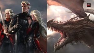 Aegon the Conqueror riding Balerion the Black Dread with Visenya